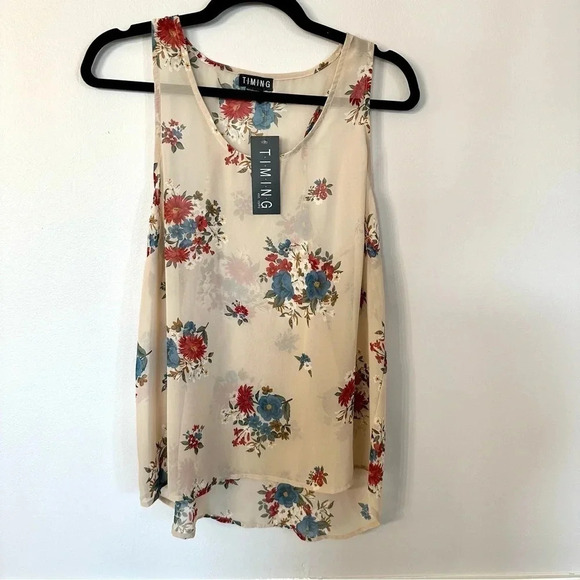 Timing Women's Sheer Sleeveless Racerback Cream Floral Tank Top Size L NWT - Picture 2 of 8
